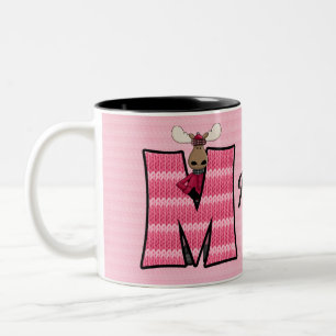 Tasse 2 Couleurs Kids Pink Moose Monogramme Lettre M et nom