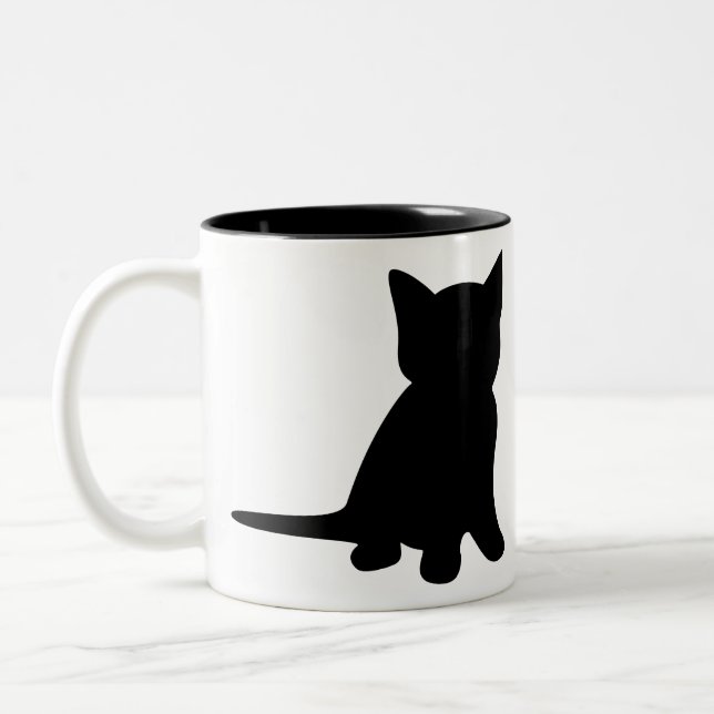 Tasse 2 Couleurs Kitten assis Silhouette Chat noir blanc (Gauche)