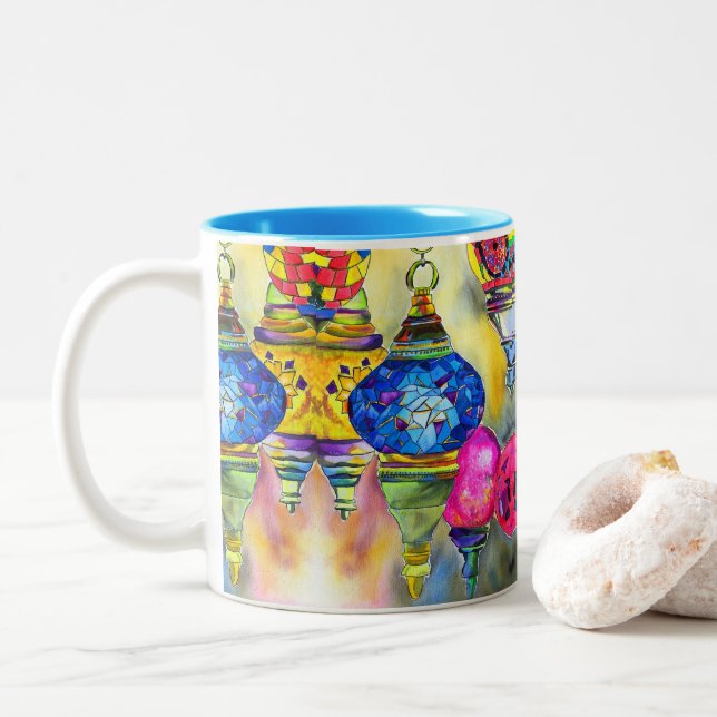 Tasse 2 Couleurs Lampes turques mosaïque aquarelle art (Avec donut)