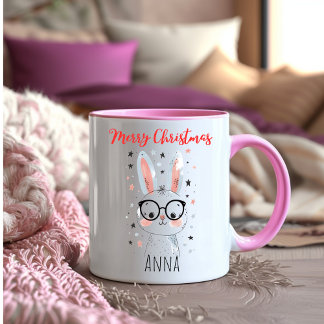 Tasse 2 Couleurs Lapin de Noël mignon avec chapeau de Père Noël Caf
