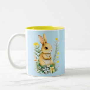 Tasse 2 Couleurs Lapin de Pâques mignon avec fleurs & monogramme