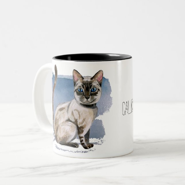 Tasse 2 Couleurs L'aquarelle siamoise de chaton peignant | ajoutent (Devant gauche)