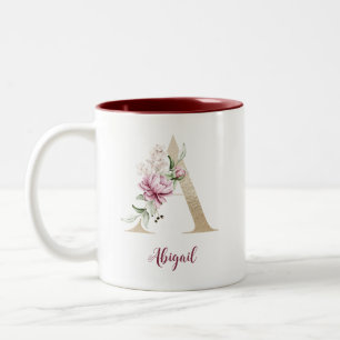 Tasse 2 Couleurs Lettre A dorée, Monogramme A, Cadeau floral rose p