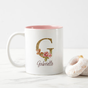 Tasse 2 Couleurs Lettre de nom personnalisée G Roses roses blush fe