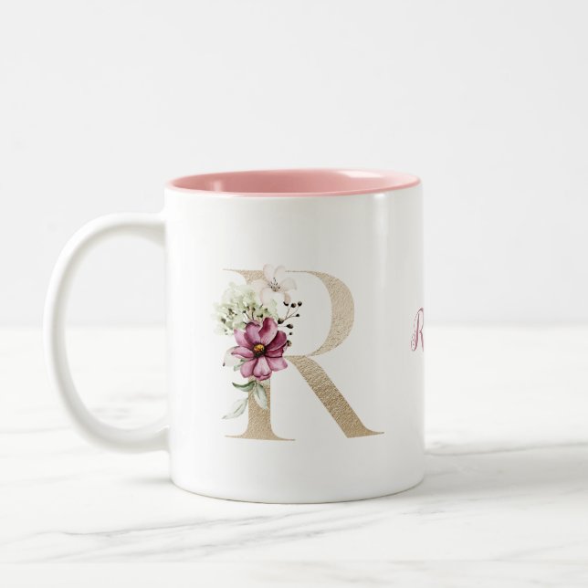 Tasse 2 Couleurs LETTRE D'OR MONGRAPHIQUE PERSONNALISÉE R Pink Flor (Gauche)