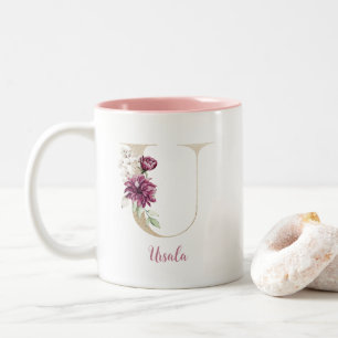 Tasse 2 Couleurs Lettre dorée U, Monogramme U, Cadeau floral rose p