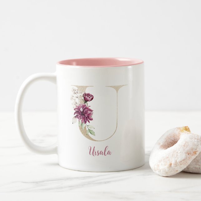 Tasse 2 Couleurs Lettre dorée U, Monogramme U, Cadeau floral rose p (Avec donut)