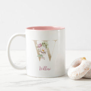 Tasse 2 Couleurs Lettre dorée W, Monogramme W, Cadeau floral rose p