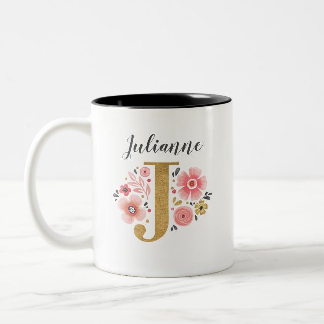 TASSE 2 COULEURS LETTRE INITIALE J MOYENNE MORALE ROSE (Gauche)