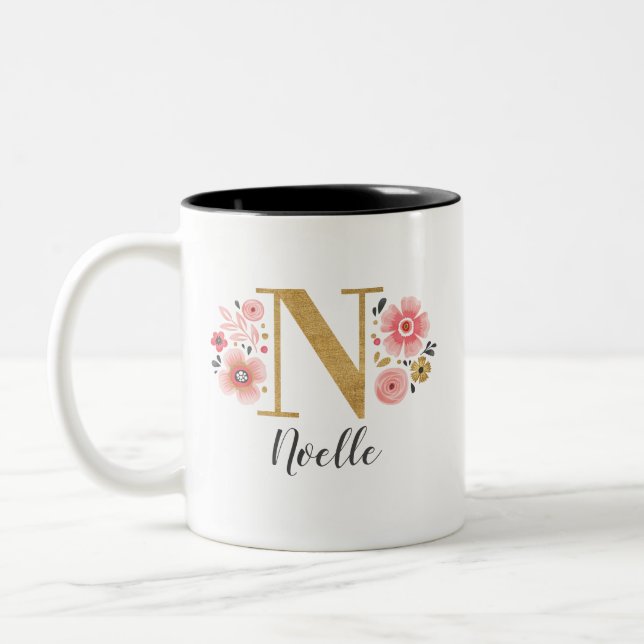 Tasse 2 Couleurs LETTRE INITIALE MONOGRAPHIQUE Pink Floral N (Gauche)