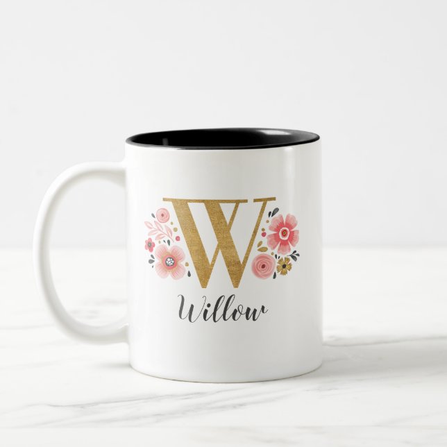 Tasse 2 Couleurs LETTRE INITIALE MONOGRAPHIQUE Pink Floral W (Gauche)