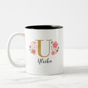 Tasse 2 Couleurs LETTRE INITIALE MONOGRAPHIQUE Rose Floral U