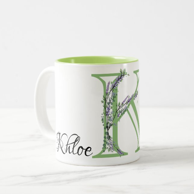 Tasse 2 Couleurs Lettre K Lavender Eucalyptus monogrammé (Devant gauche)