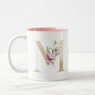 Tasse 2 Couleurs Lettre M dorée personnalisée avec monogramme et fl