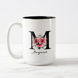 Tasse 2 Couleurs Lettre Monogramme Florale M Margaret Nom Personnal