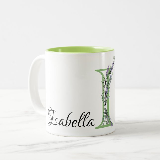 Tasse 2 Couleurs Lettre monogramme I de la Lavande d'Eucalyptus (Devant gauche)