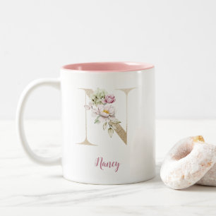 Tasse 2 Couleurs Lettre N dorée, monogramme N, cadeau floral rose p