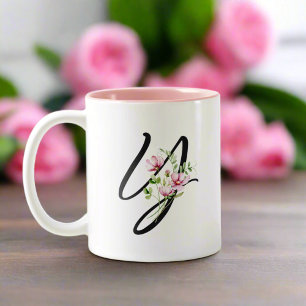 Tasse 2 Couleurs LETTRE NOIRE ÉLÉGANTE "Y" Fleurs roses Feuille