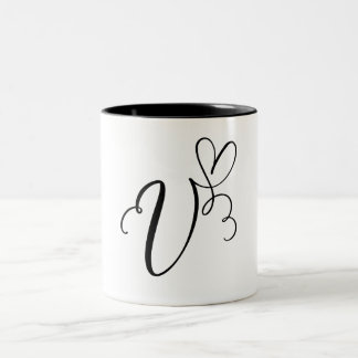 TASSE 2 COULEURS LETTRE NOIRE "V" ÉLÉGANTE MONOGRAMME
