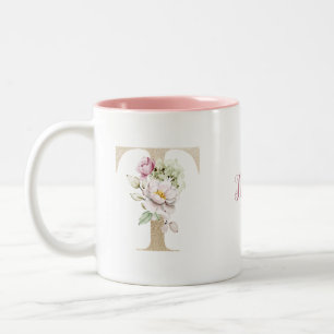 Tasse 2 Couleurs Lettre T dorée en monogramme personnalisé Fleurs r