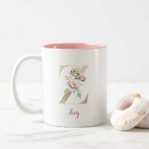Tasse 2 Couleurs Lettre Z dorée, Monogramme Z, Cadeau floral rose p
