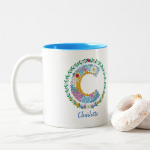 Tasse 2 Couleurs Lettres de fleurs "C" initiales avec nom personnal