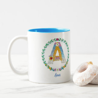 Tasse 2 Couleurs Lettres de fleurs Initiale "A" avec nom personnali