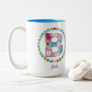 Tasse 2 Couleurs Lettres de fleurs Initiale "B" avec nom personnali