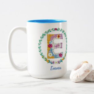 Tasse 2 Couleurs Lettres de fleurs Initiale "E" avec nom personnali