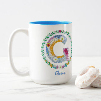 Tasse 2 Couleurs Lettres de fleurs Initiale "G" avec nom personnali