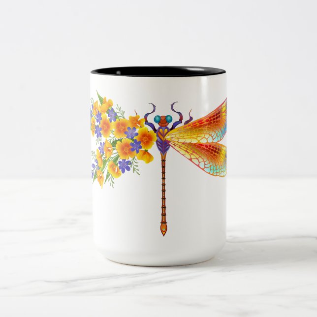 Tasse 2 Couleurs libellule de fleurs jaunes (Centre)