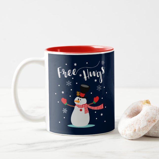 Tasse 2 Couleurs Libérez les étreintes. Bonhomme de neige, flocons (Avec donut)