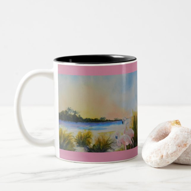 Tasse 2 Couleurs L'île tropicale des Flamants roses roses (Avec donut)