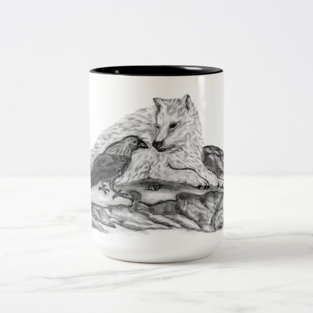 Tasse 2 Couleurs Loup et corbeau - Design noir et blanc (Centre)
