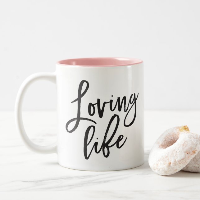 Tasse 2 Couleurs LOVING LIFE noir script minimum cote positive (Avec donut)