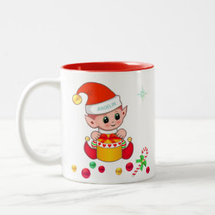 Tasse 2 Couleurs Lutin de Noël, canne à sucre et boules de Noël