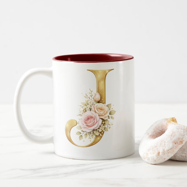 Tasse 2 Couleurs Luxury Floral Gold Letter J Monogram Logo (Avec donut)