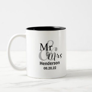 Tasse 2 Couleurs M. et Mme Mariage Date avec le nom de famille mari
