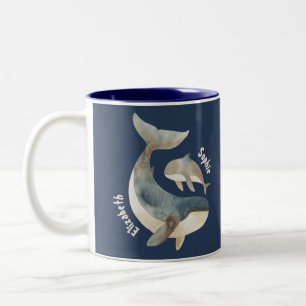 Tasse 2 Couleurs Mama Whale & Calf avec nom Marine Blue Mother's Da
