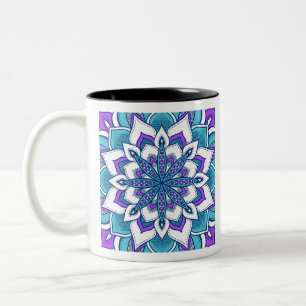 Tasse 2 Couleurs Mandala aux fleurs violettes turquoise