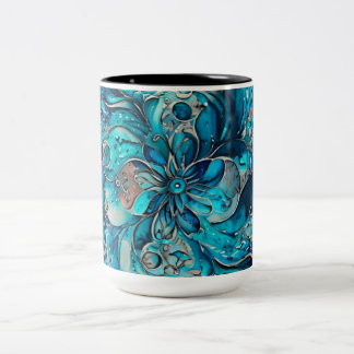 Tasse 2 Couleurs Mandala floral aquarelle bleue et sarcelle