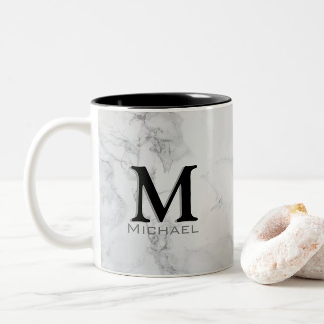 Tasse 2 Couleurs Marbre gris blanc de monogramme exécutif (Avec donut)
