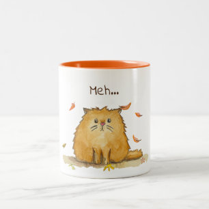 Tasse 2 Couleurs Meh…/chat triste d'aquarelle avec le feuille