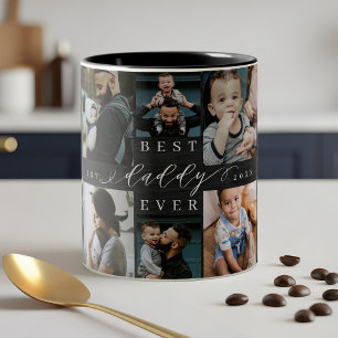 Tasse 2 Couleurs Meilleur papa Jamais Black Woodgrain Photo Collage