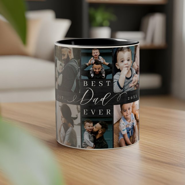 Tasse 2 Couleurs Meilleur papa Jamais Cadeau Black Woodgrain Photo  (Best Dad Ever Gift Black Woodgrain Photo Collage Two-Tone Coffee Mug)