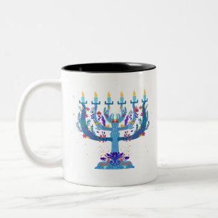 Tasse 2 Couleurs menorah à fleurs hanoukka