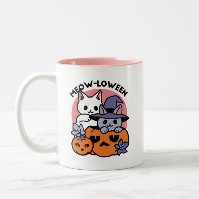 Tasse 2 Couleurs Meow-Loween - Cute Halloween Conception Chat (Gauche)