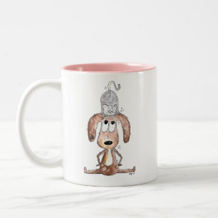 Tasse 2 Couleurs Mignonne chien Whimsical avec chat sur sa tête