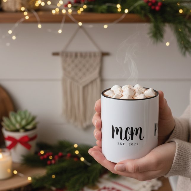 Tasse 2 Couleurs Mini maman établi cadeau Nouveau maman (elegant minimalist mom established date coffee mug with hot cocoa in it for new mom christmas gifts)