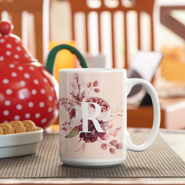 Tasse 2 Couleurs Moderne Pastel Rose & Flore Rouge Avec Initiale (Créateur téléchargé)